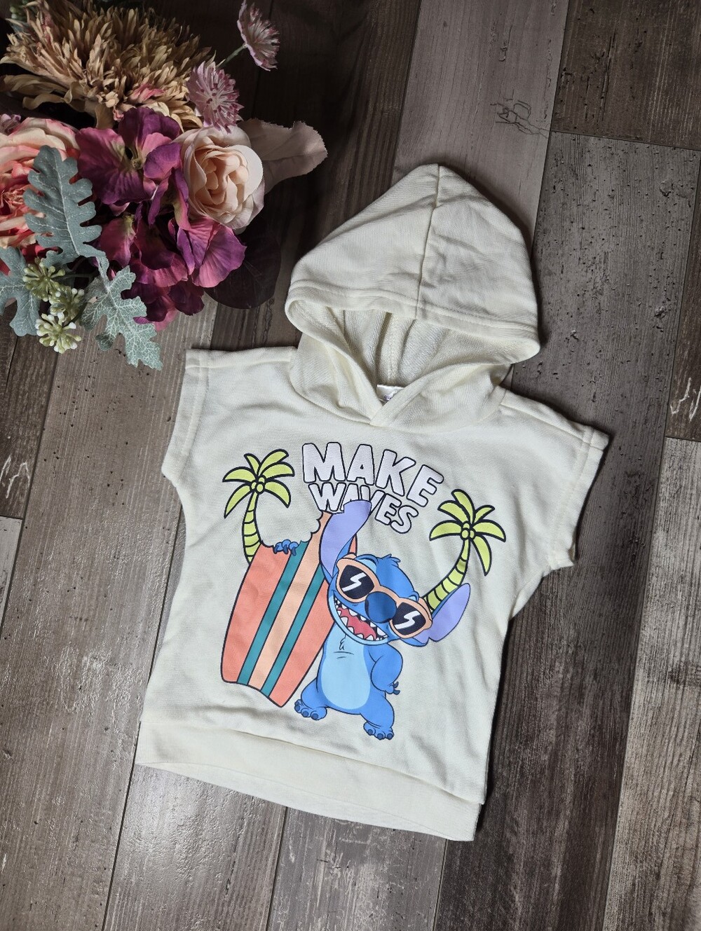 Disney Stitch Make Waves Toddler Hoodie Top – Cream with Blue Stitch Size 2T